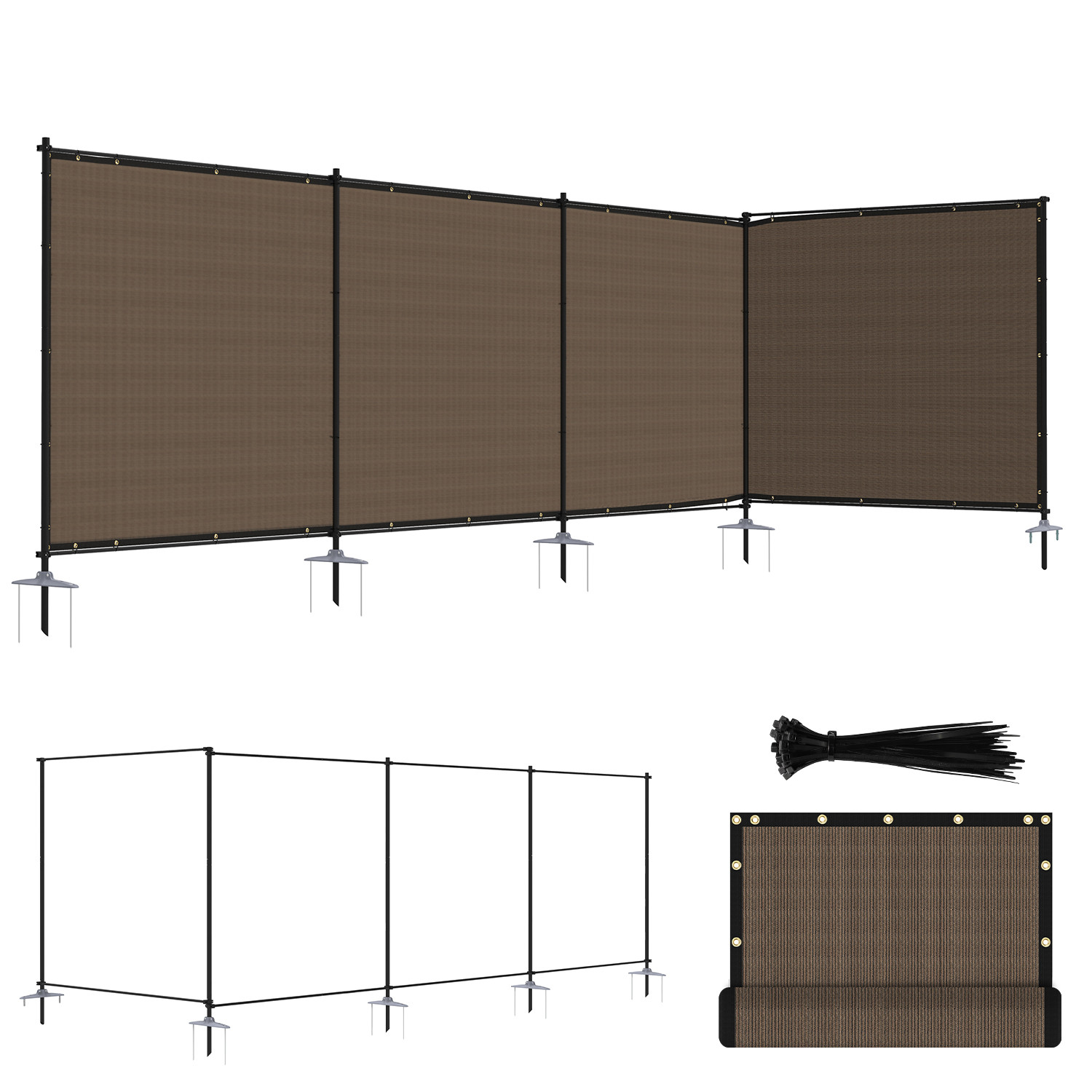 6ft Tall Brown Fence Privacy Screen With Iron Poles for Outdoor Garden Pool Yard