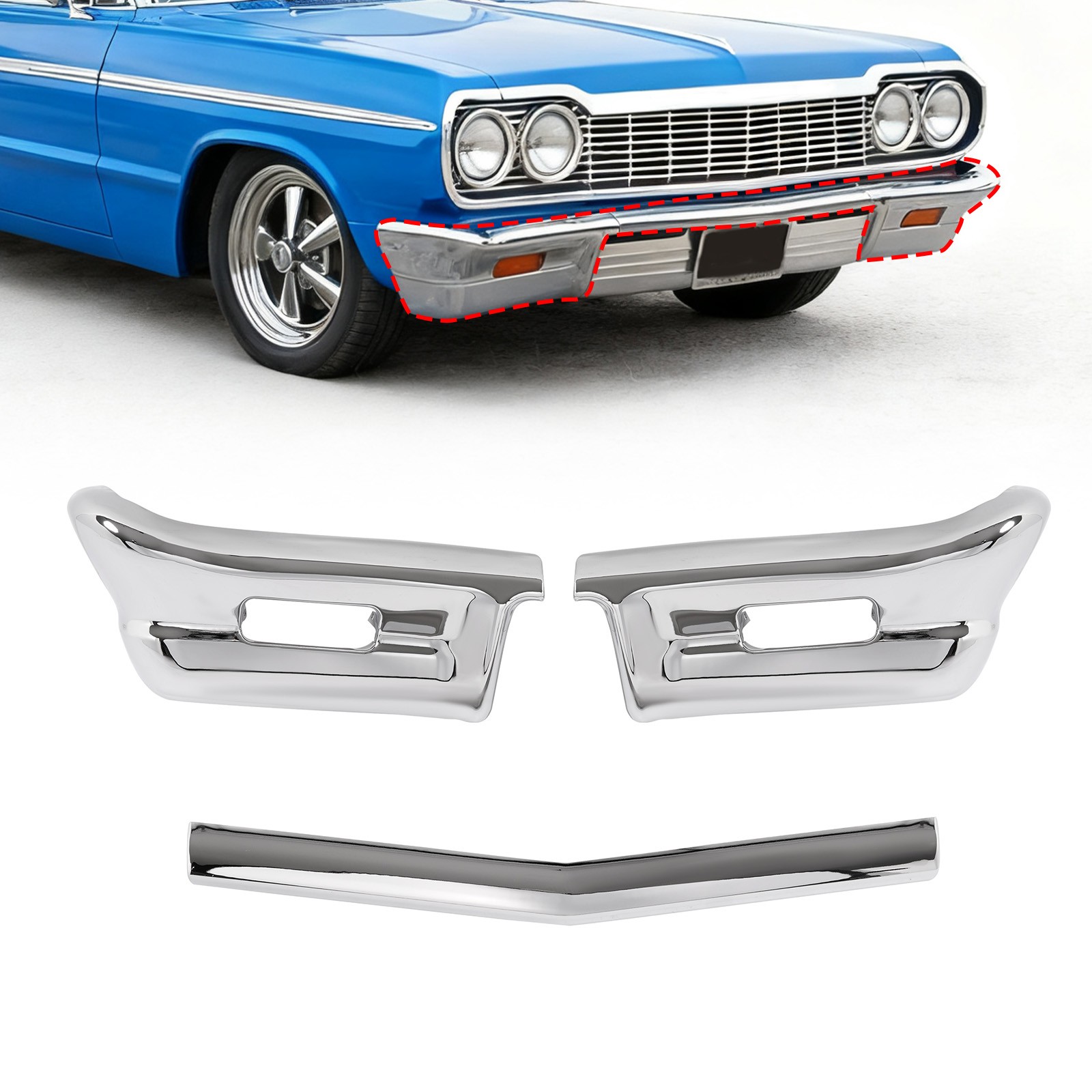 3 Piece Front Bumper Triple Set For Chevrolet Impala 1964 Chrome Steel 3 Piece Front Bumper Triple Set For Chevrolet Impala 1964 Chrome Steel