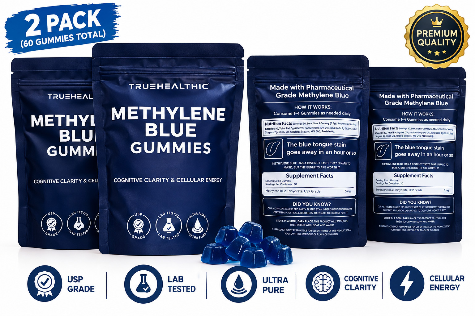 TrueHealthic 30 Blue Gummies Cognitive Clarity & Cellular Energy 2Pc. 60 Total