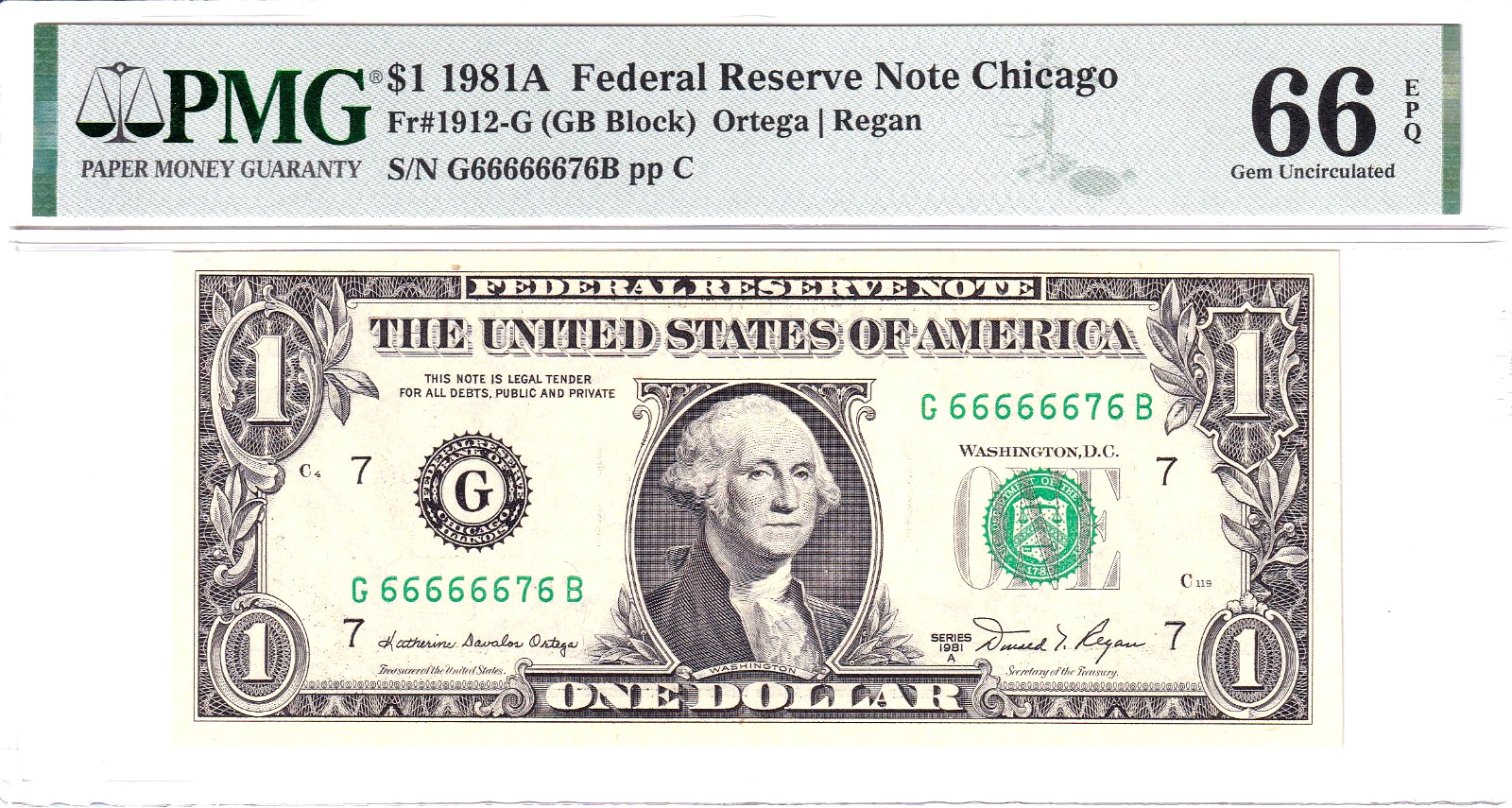 1981-A $1 FRN PMG Gem Unc 66EPQ 6/7 Binary Near Solid #G66666676B 1981-A $1 FRN PMG Gem Unc 66EPQ 6/7 Binary Near Solid #G66666676B
