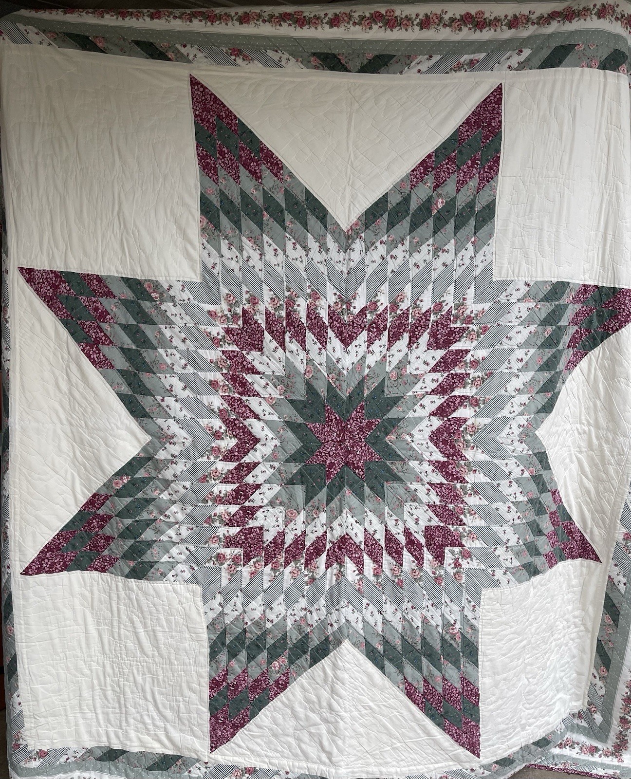 Vtg Handmade Lone Star Quilt Queen Hand Quilted Floral Patchwork Purple Green