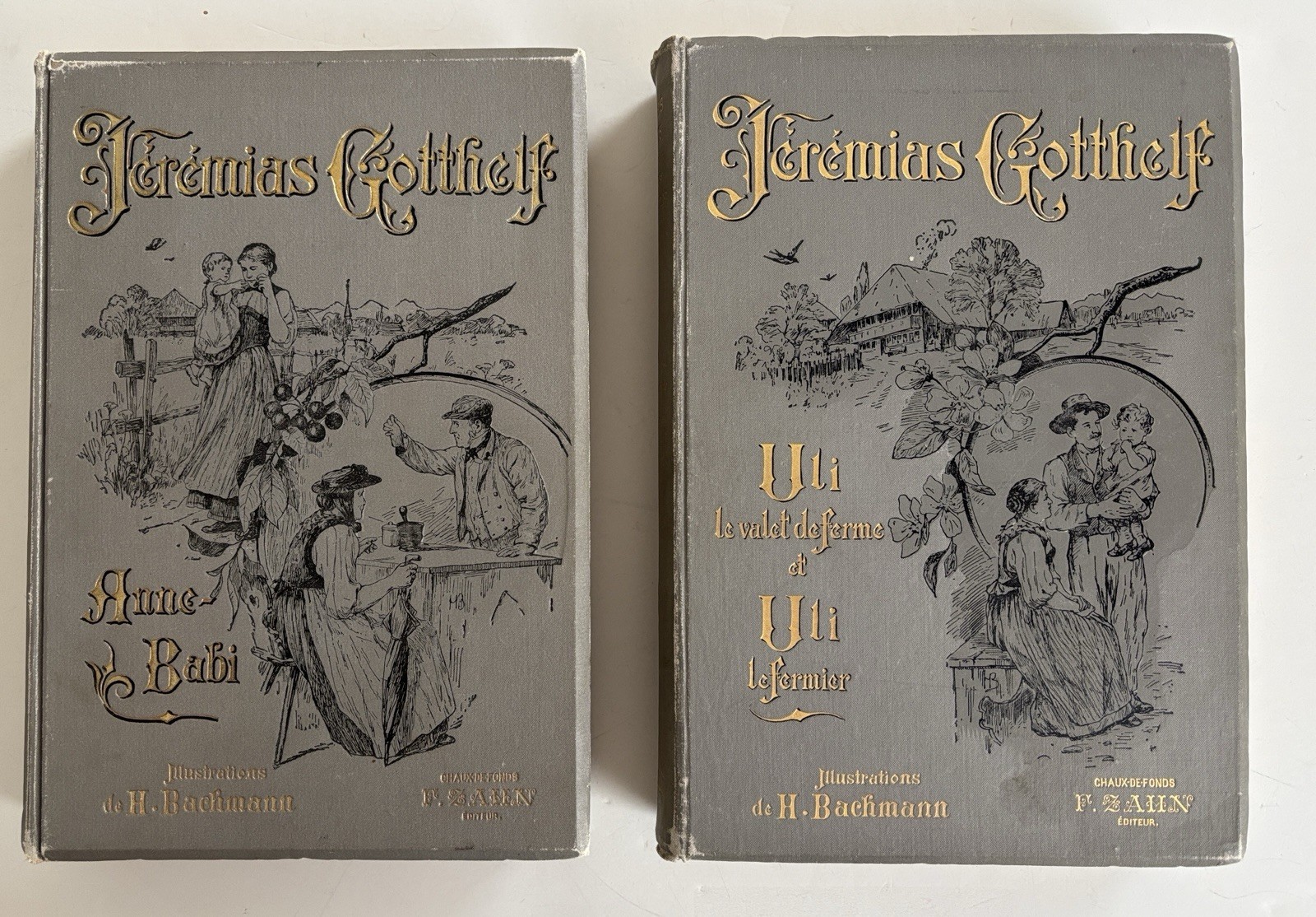 2 Large Antique French Books Illustrated J. Gotthelf Gilt Grey Decor Staging