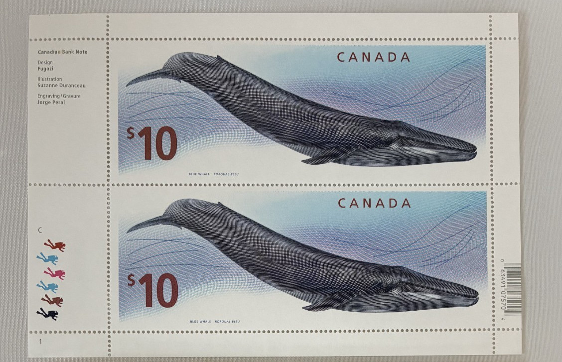 Canada #2405a $10 Blue Whale Pane of 2 MNH Inscription Plate Pane Engraved 2010 Canada #2405a $10 Blue Whale Pane of 2 MNH Inscription Plate Pane Engraved 2010