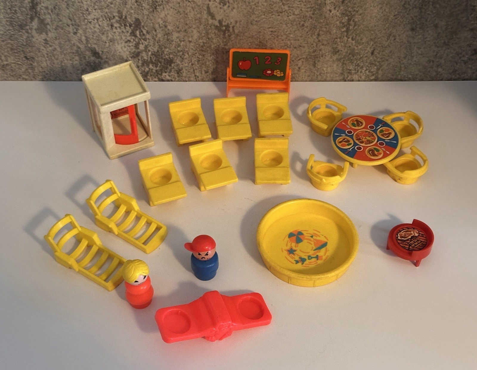 Vintage LOT OF 20 Fisher Price Little People Phone Booth, Pool, School, Picnic