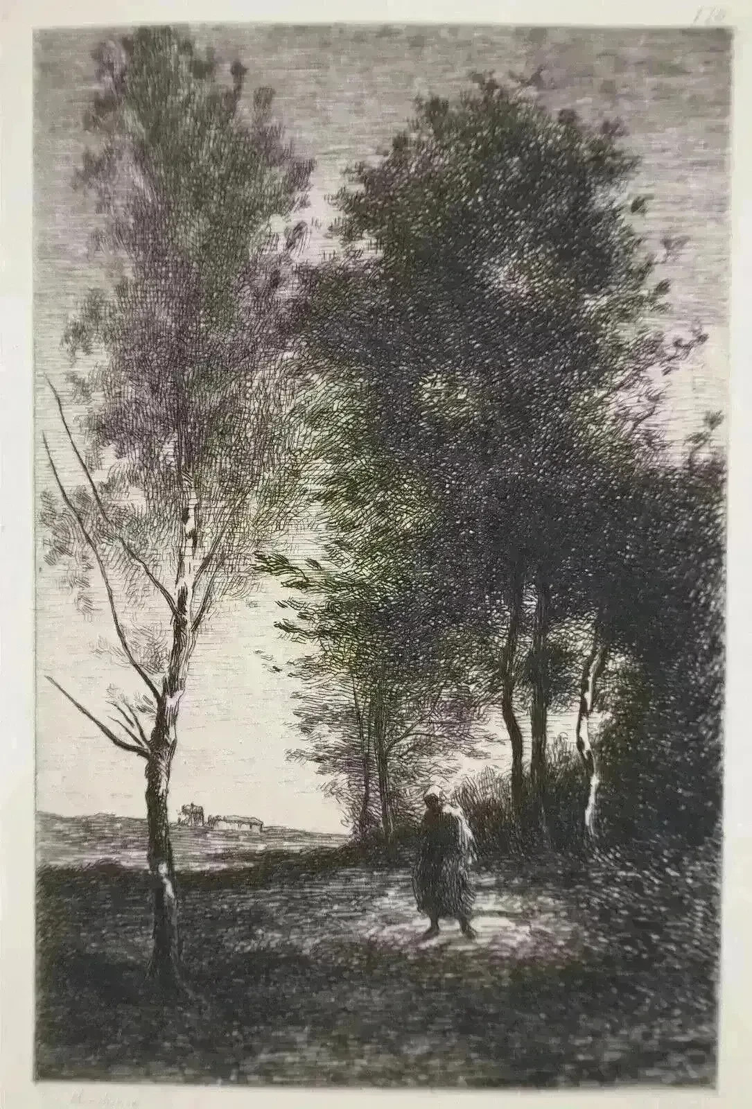 Jb Camille Corot: In the woods, signed engraving, Durand Ruel, 1873