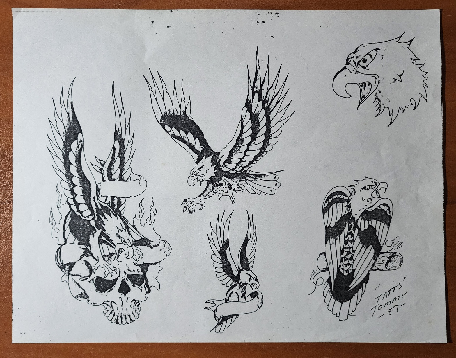 1987 Tatts Tommy Vintage Biker Style Tattoo Flash Sheet Skull, Eagles, USA