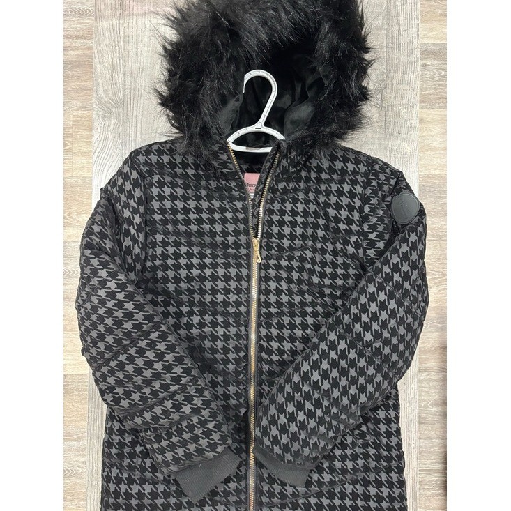 Juicy Couture Kids Black Puffer Jacket with Pink Label and Fur Trimmed Hood Juicy Couture Kids Black Puffer Jacket with Pink Label and Fur Trimmed Hood