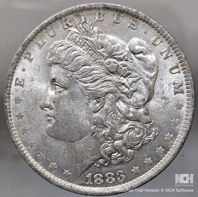Rare 1883 O Morgan SILVER Dollar $1 - Abut BU, gold tone crescent on the reverse Rare 1883 O Morgan SILVER Dollar $1 - Abut BU, gold tone crescent on the reverse