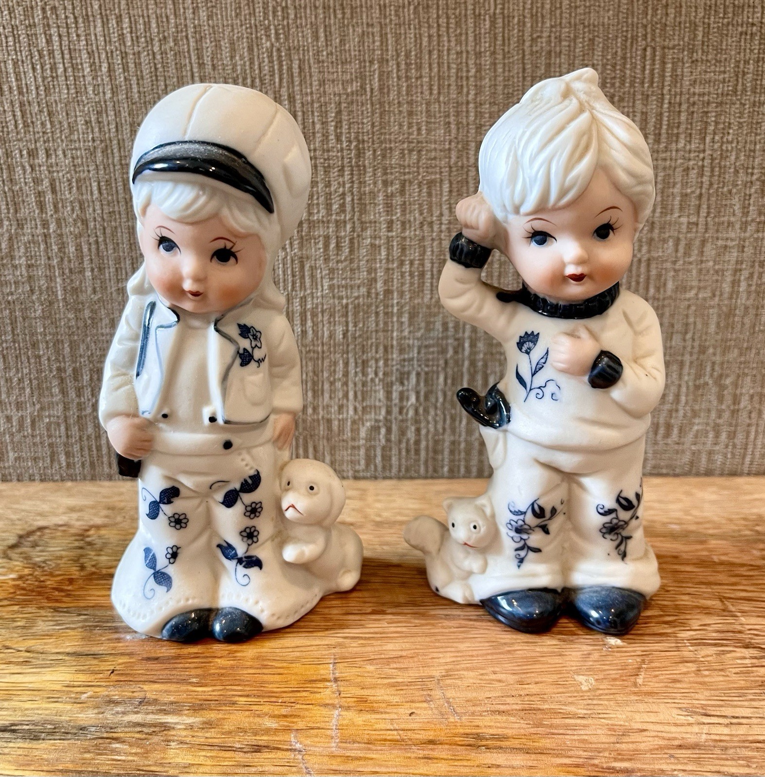 Vintage Brinn’s Porcelain Figurines Boy Girl Blue White w/ Puppy Kitten