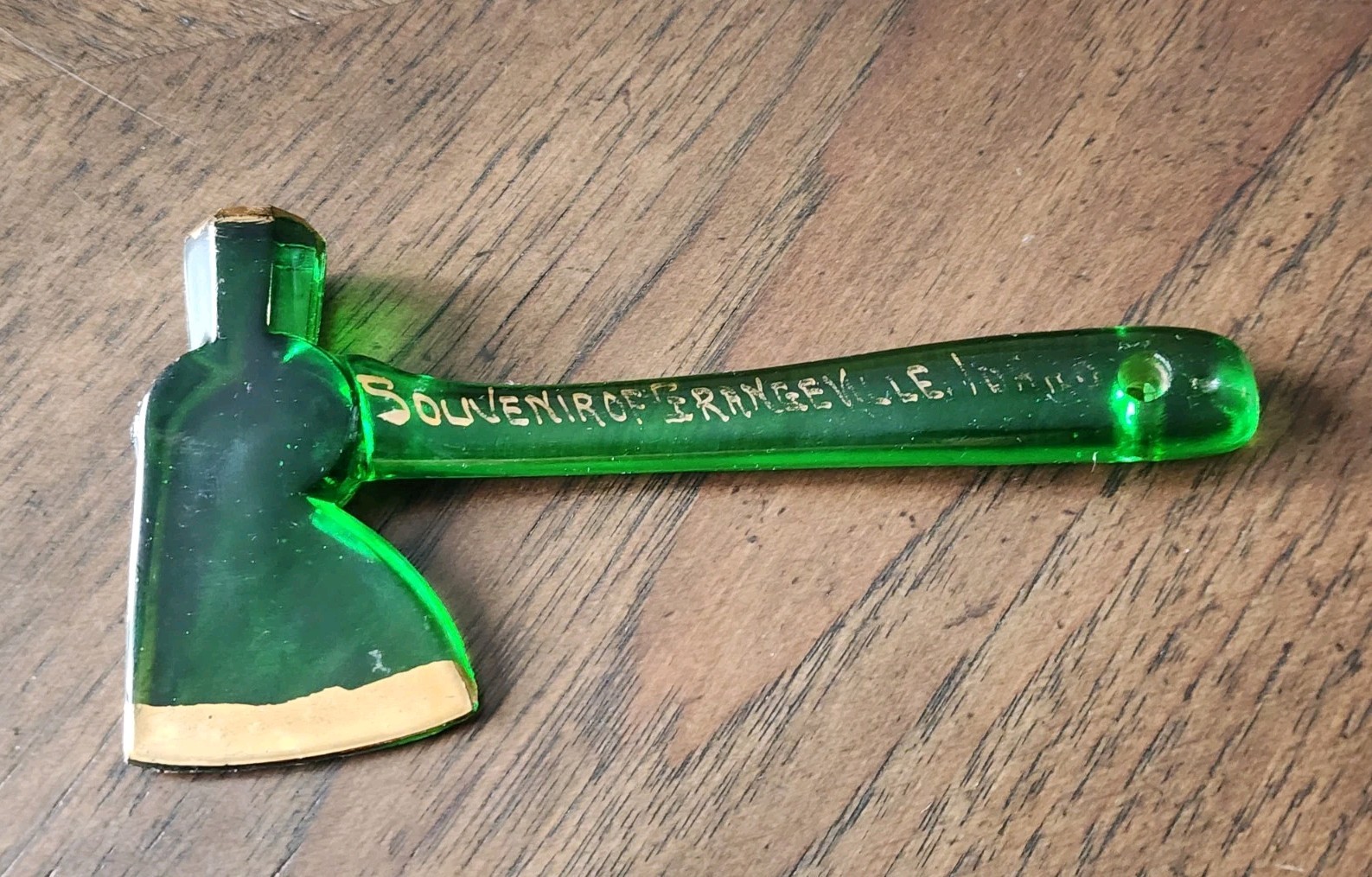 Rare Antique EAPG Green Glass Hatchet Souvenir of Grangeville, IDAHO