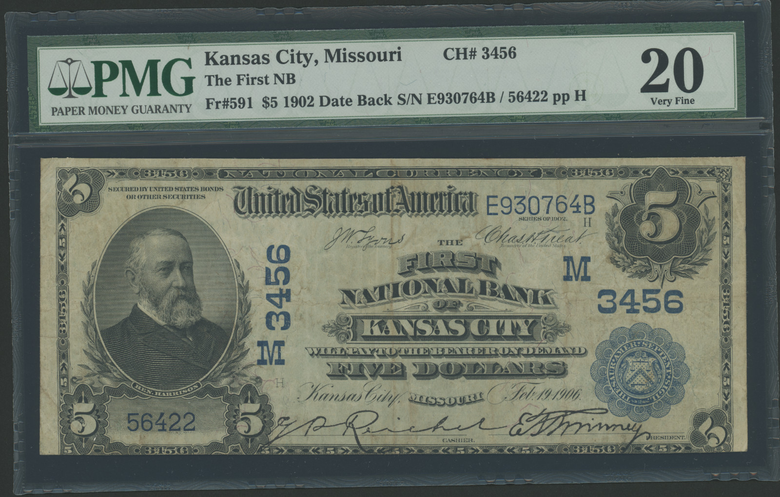 1902 $5 First National Bank Kansas City Date Back Charter 3456 Fr. 591 PMG VF20