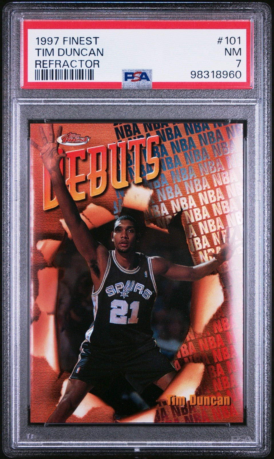 Tim Duncan 1997-98 Topps Finest Refractor RC #101 PSA 7 NM Rookie Spurs HOF Tim Duncan 1997-98 Topps Finest Refractor RC #101 PSA 7 NM Rookie Spurs HOF