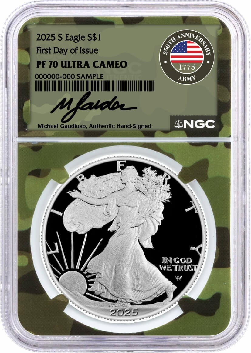 2025 S $1 Proof Silver Eagle NGC PF70 UCAM FDOI Gaudioso Signed Army Camo Core 2025 S $1 Proof Silver Eagle NGC PF70 UCAM FDOI Gaudioso Signed Army Camo Core