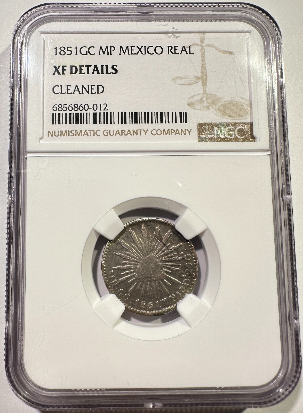 1851-GC MP Guadalupe y Calvo Mexico 1 Real Silver PCGS XF Details Rare Date 1851-GC MP Guadalupe y Calvo Mexico 1 Real Silver PCGS XF Details Rare Date