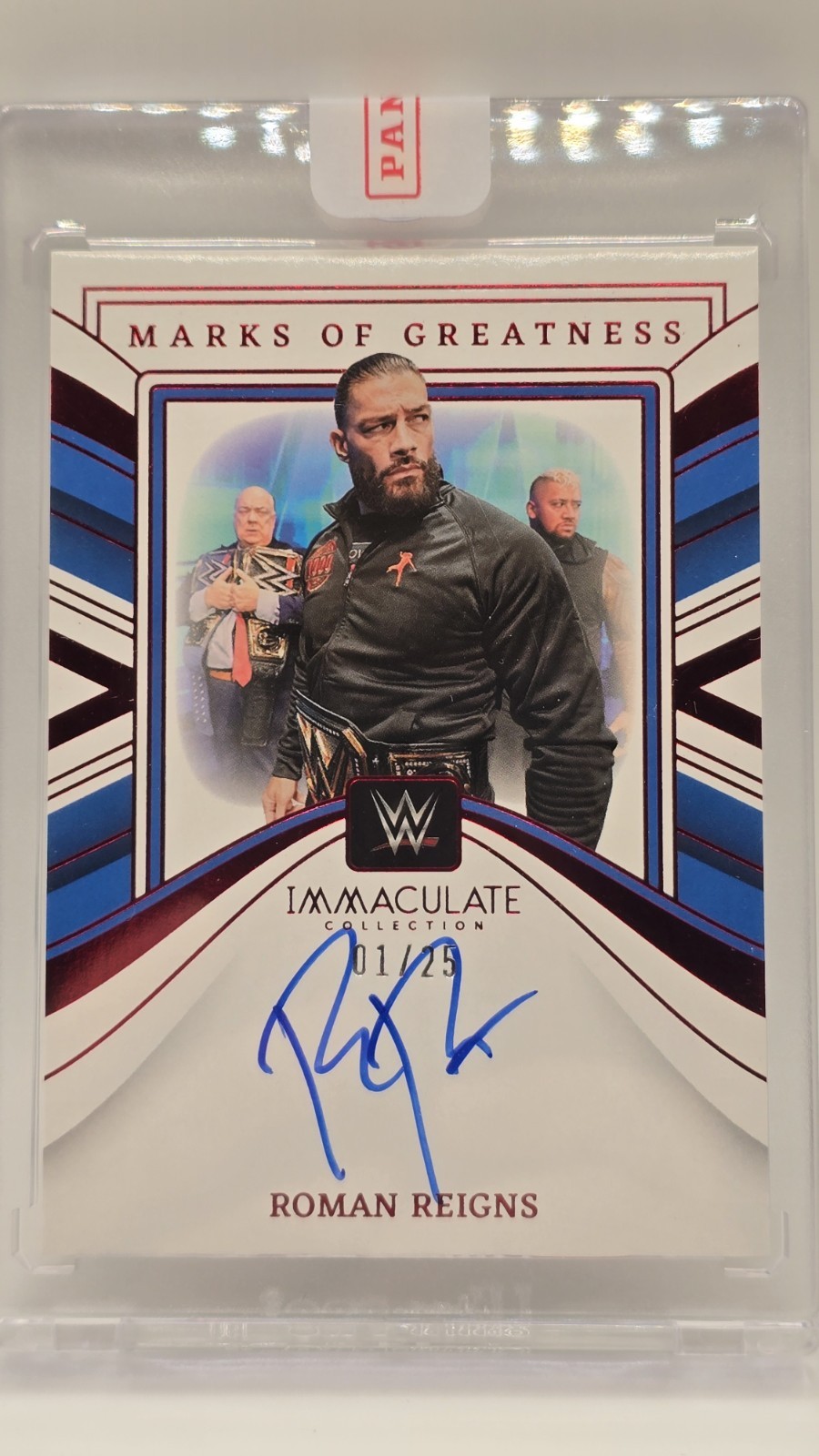 2023 Panini Immaculate Collection WWE Roman Reigns Marks of Greatness Auto /25 2023 Panini Immaculate Collection WWE Roman Reigns Marks of Greatness Auto /25
