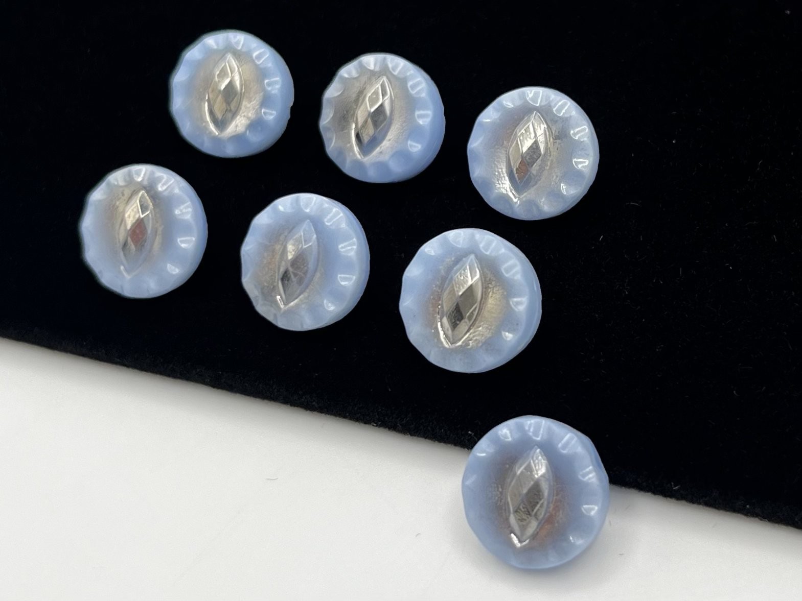 (7) NOS Dimi Blue & Silver Glass Czech Glass Shank Round Buttons VTG