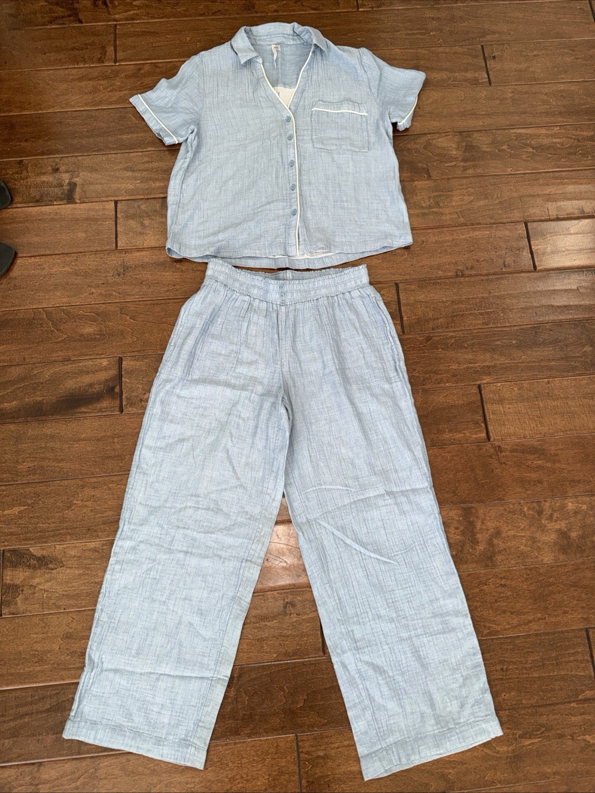Soma Cotton Gauze Pajama Set Short Sleeve Button Top Pants Size M