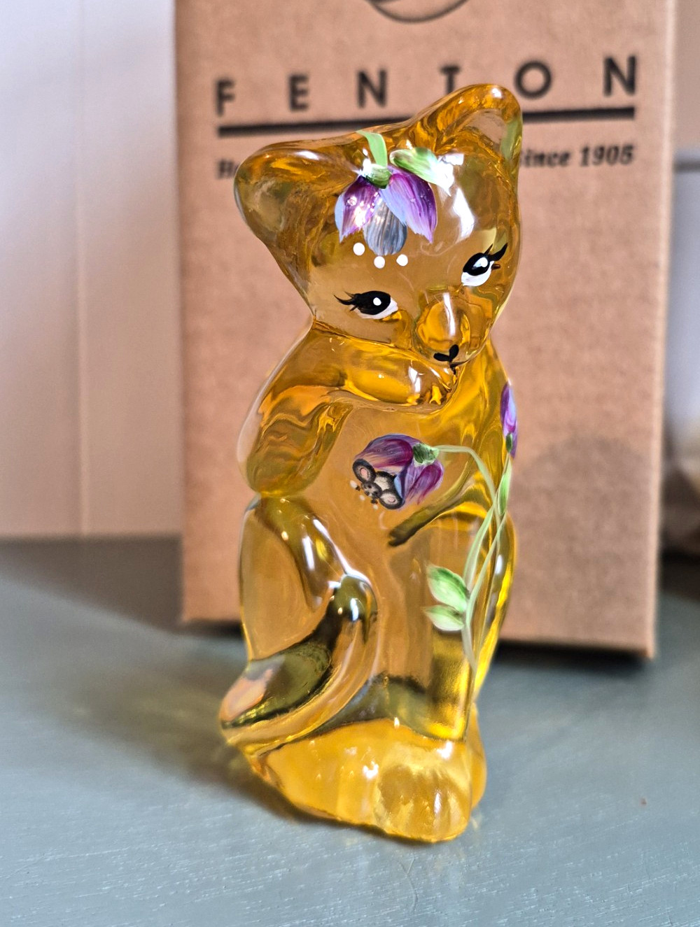 NIB Fenton Handmade Glass Cat Figurine Amber Purple Flowers Signed J. Cutshaw