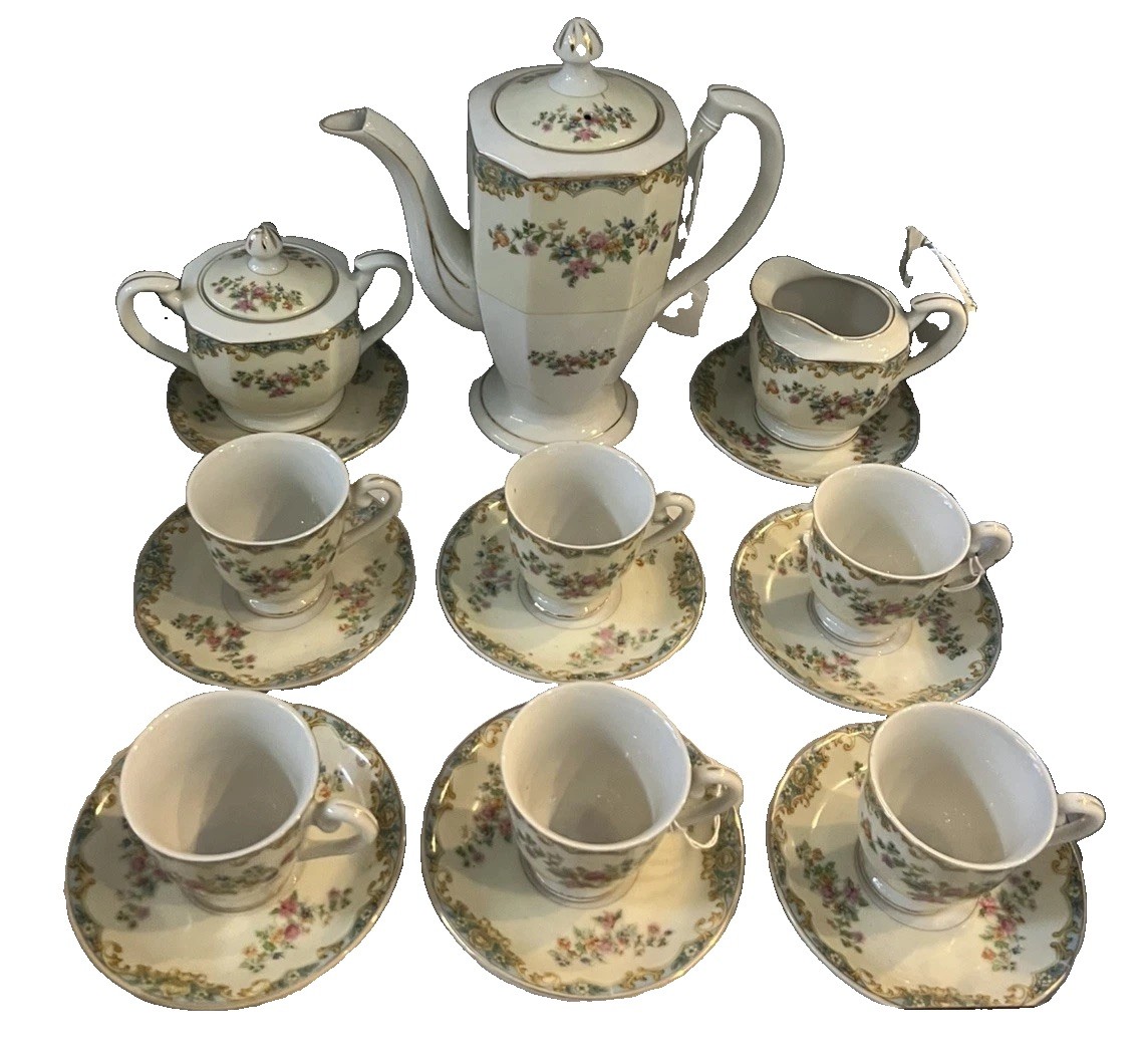 Antique Noritake Renovia 17pc Footed Demitasse Tea Cup Saucer Set 6 Japan Deco
