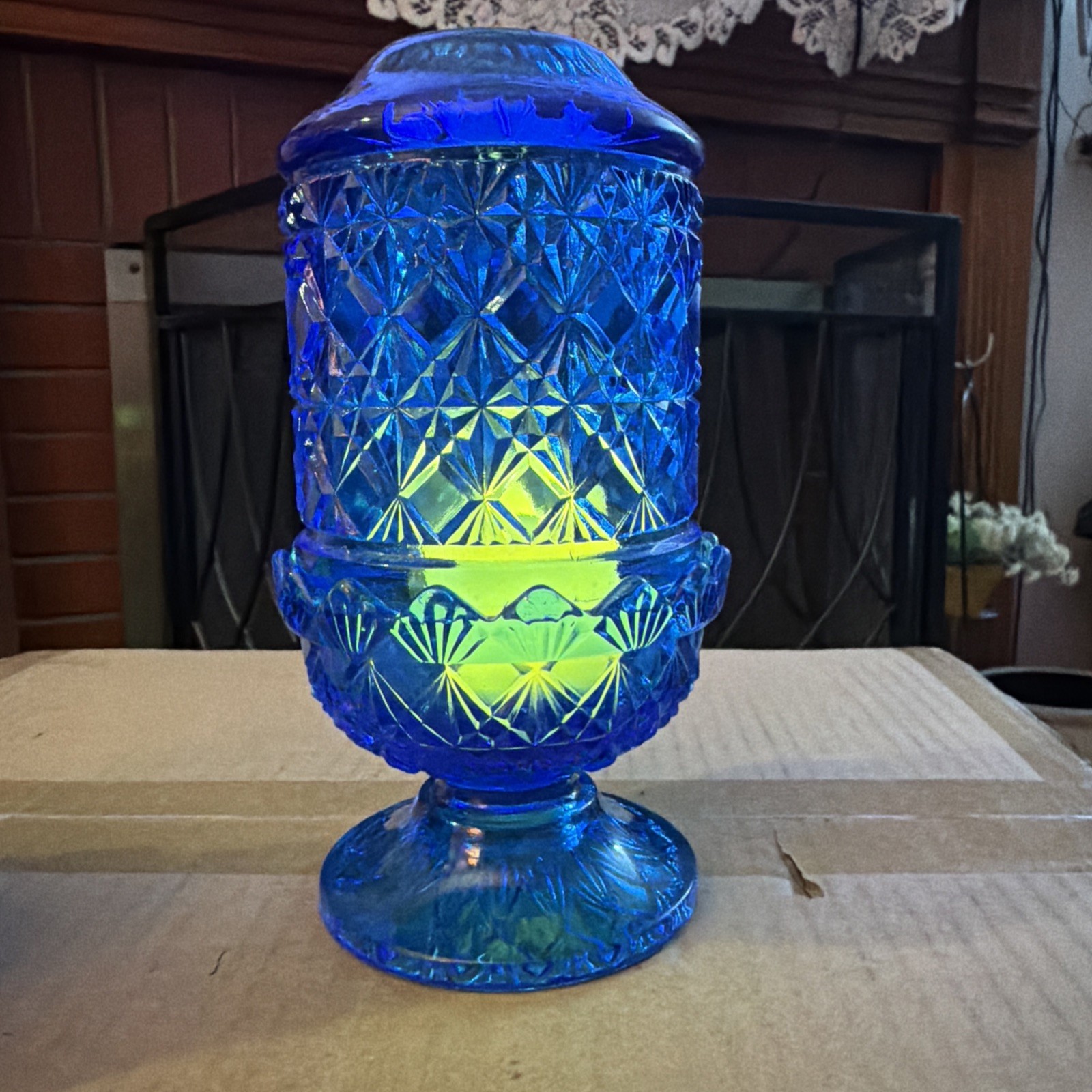 VTG Fenton Olde Virginia Blue Fine Cut and Block Fairy Lamp Light VHTF VTG Fenton Olde Virginia Blue Fine Cut and Block Fairy Lamp Light VHTF