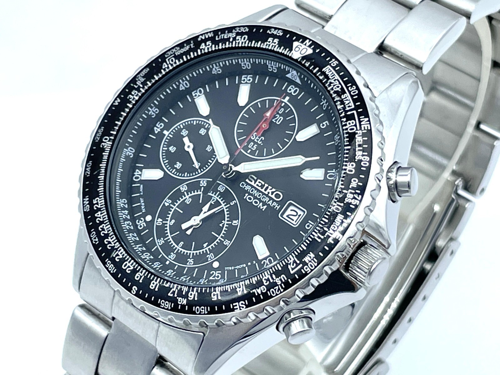 SEIKO Flight master Men's Chronograph Watch Black Dial 7T92-0CF0 Good condition