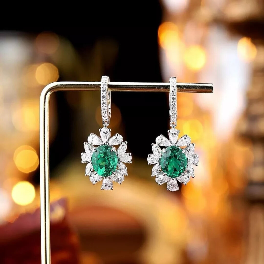 8.42 Ct Oval Natural Columbian Emerald Diamond Earring Stud 14K Real White Gold