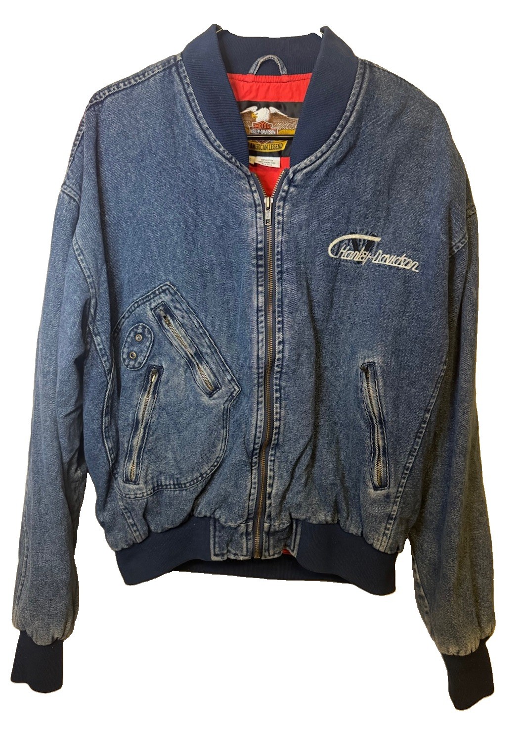 Vintage Harley Davidson Denim Bomber Jacket Large Blue Jean Biker 90s USA