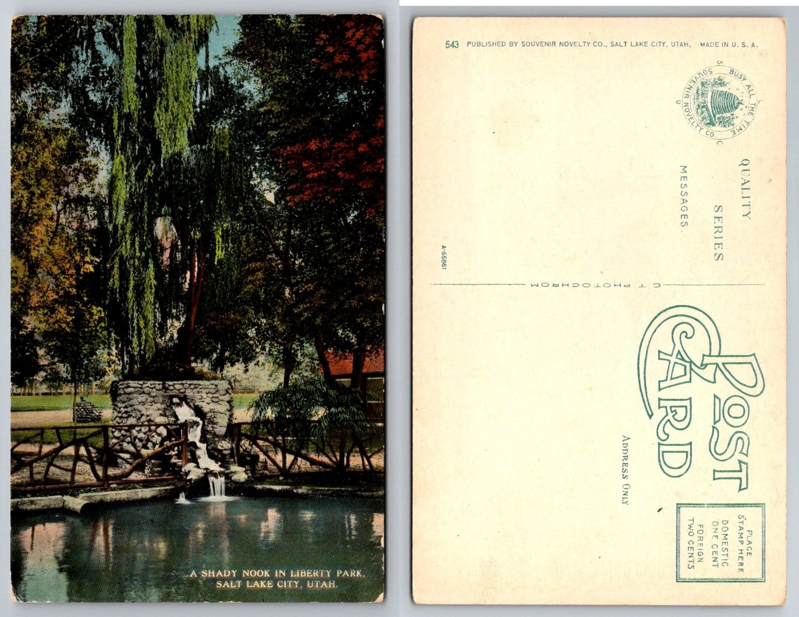 Salt Lake City Utah Liberty Park Shady Nook Waterfall Souvenir Novelty Postcard