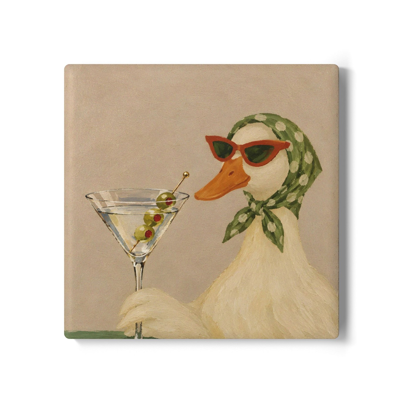 Vintage Duck with Martini and Scarf, Cute Unique Coaster, gift Idea