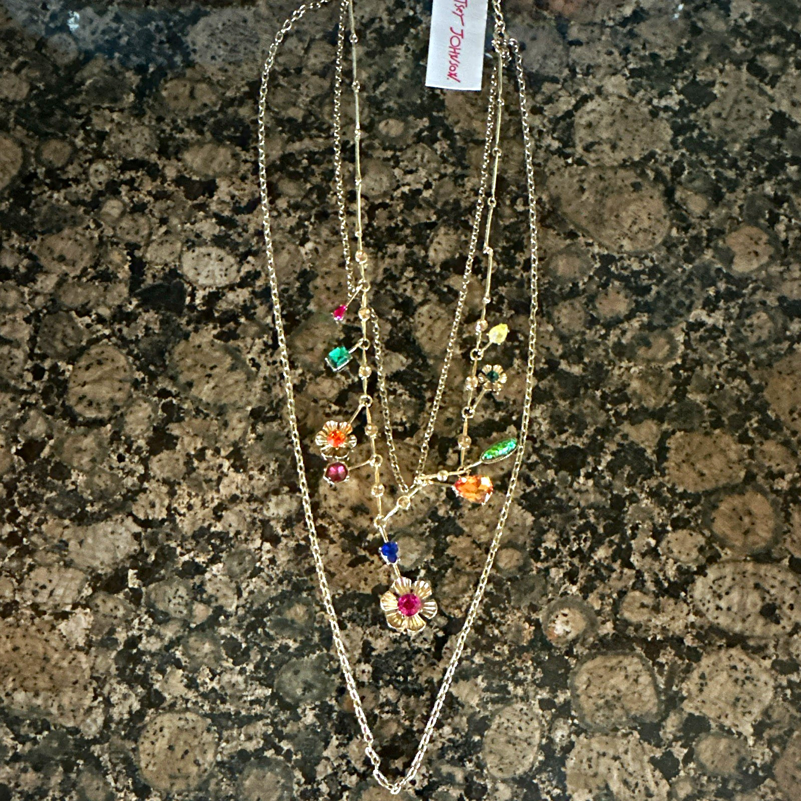Betsey Johnson Layered Floral Charm Necklace Multicolor Crystals 16