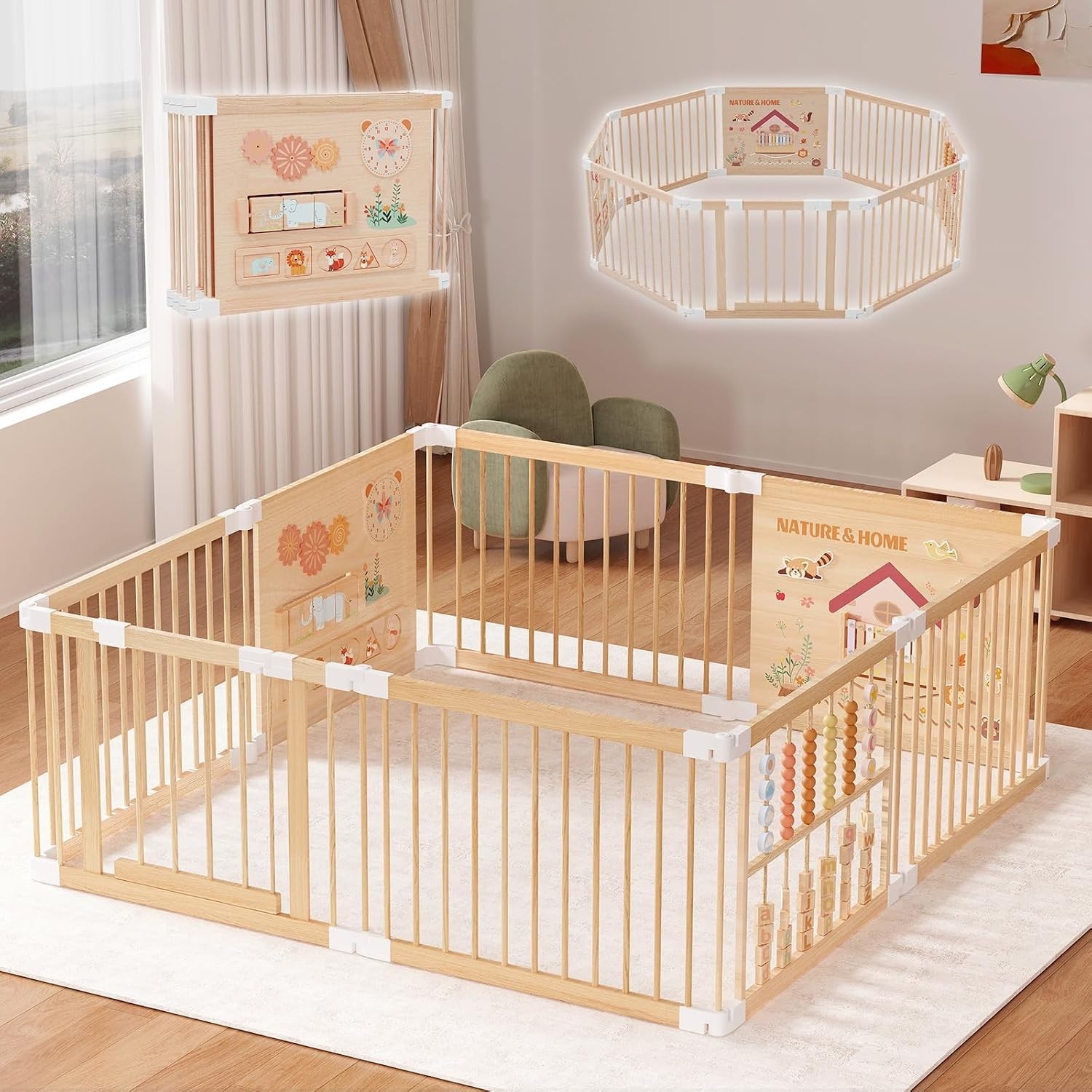 Wooden Baby Playpen Large Foldable Play Yard with 3 Activity Panels No Assemble Wooden Baby Playpen Large Foldable Play Yard with 3 Activity Panels No Assemble