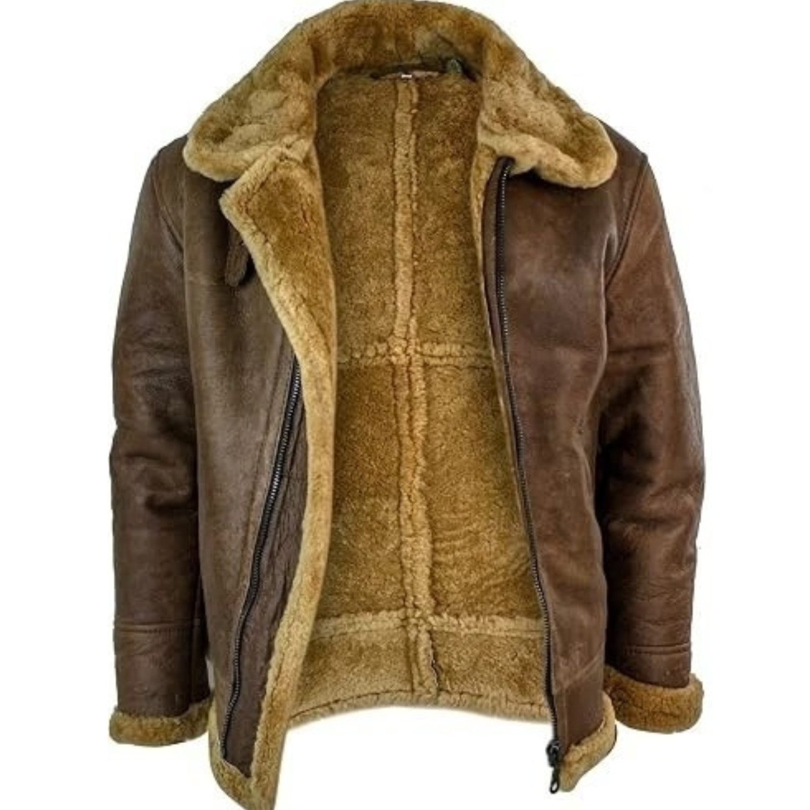 Men\'s Brown RAF Fur Shearling Bomber Aviator Flight Real Sheepskin Leather Coat