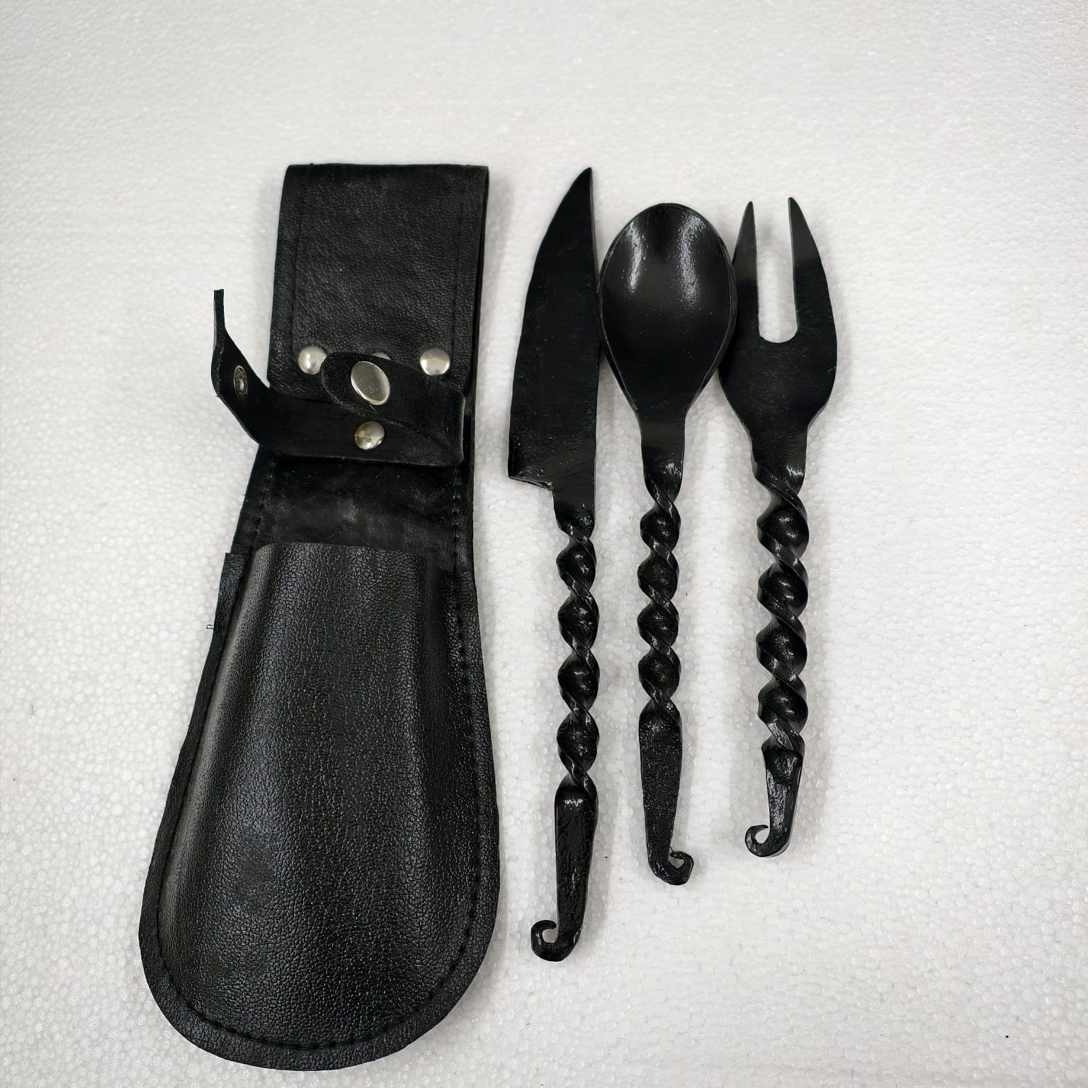 Vintage HandForged Medieval Cutlery Set Iron ,Fork & Spoon W/Black Leather Cover Vintage HandForged Medieval Cutlery Set Iron ,Fork & Spoon W/Black Leather Cover