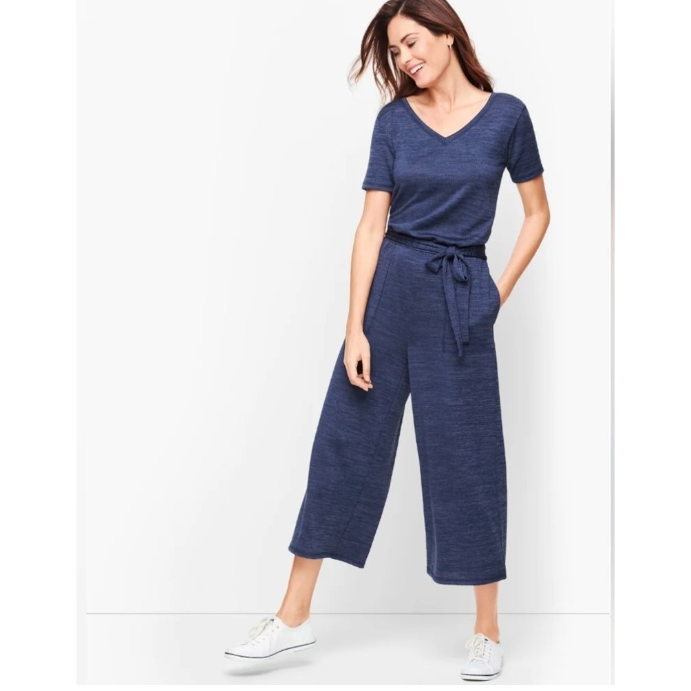 T by Talbots Blue Knit Jersey Comfy Cropped Short Sleeve Jumpsuit S Travel T by Talbots Blue Knit Jersey Comfy Cropped Short Sleeve Jumpsuit S Travel