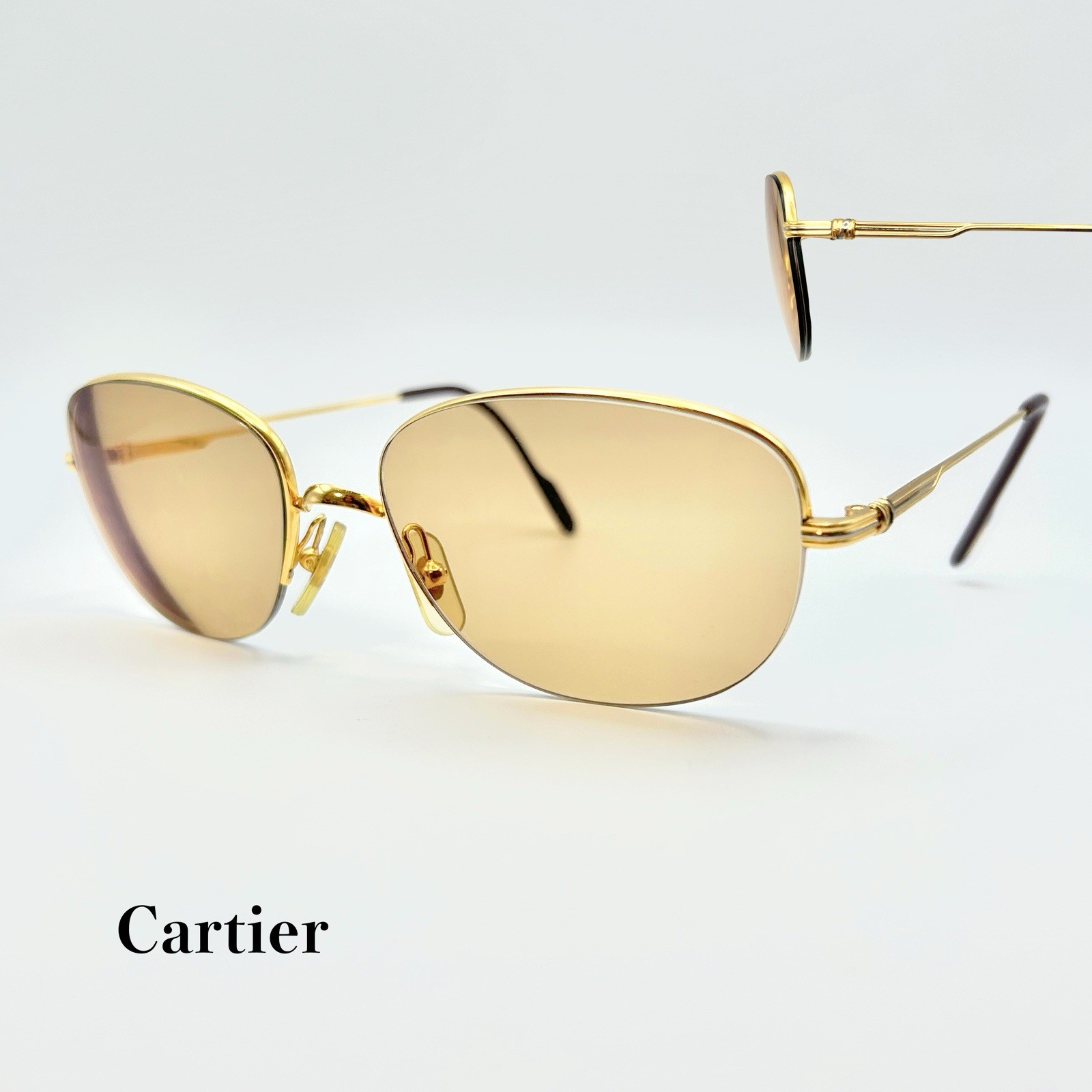 Vintage Cartier Paris Trinity Style Half Rim Sunglasses Gold 55-18-145 France