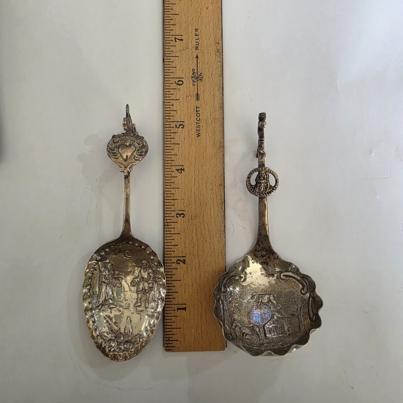 Pair Vintage Dutch Silver Monkey Spoons Figural Handles & Repoussé Scenes Pair Vintage Dutch Silver Monkey Spoons Figural Handles & Repoussé Scenes