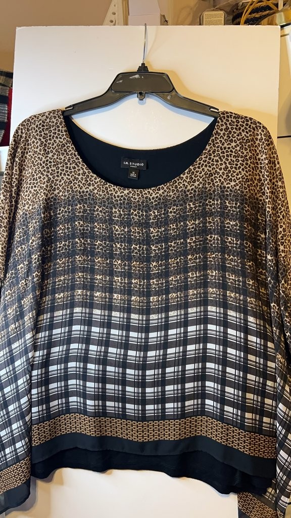 I.N. Studio Women\'s Leopard and Plaid Print Blouse I.N. Studio Women\'s Leopard and Plaid Print Blouse