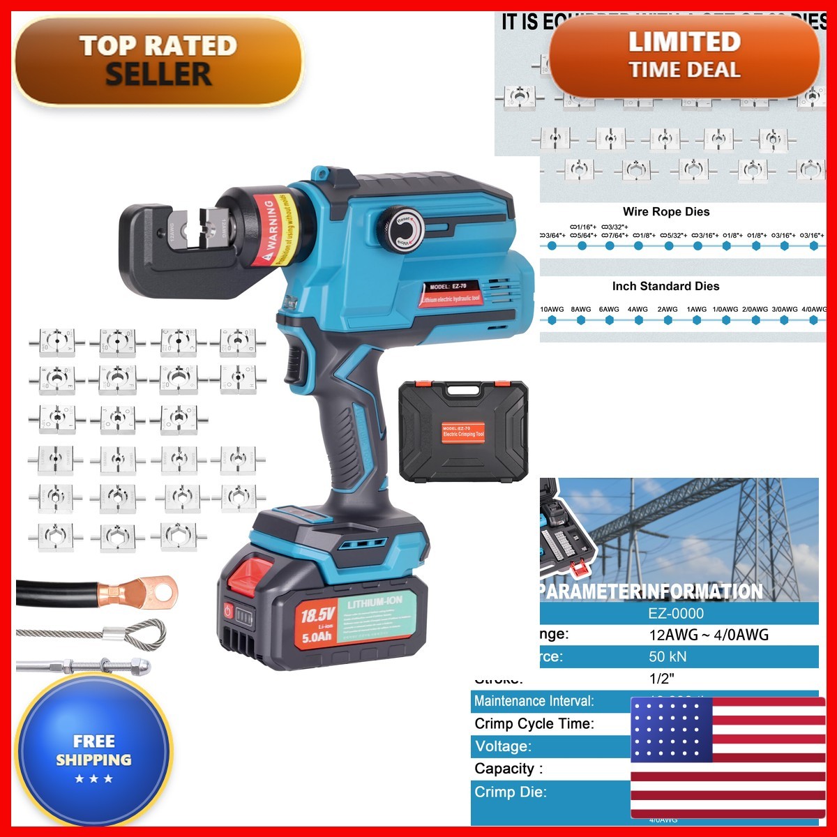 AMZCNC Electric Hydraulic Cable Lug Crimper 12AWG-4/0AWG Wire Rope 22 Dies AMZCNC Electric Hydraulic Cable Lug Crimper 12AWG-4/0AWG Wire Rope 22 Dies