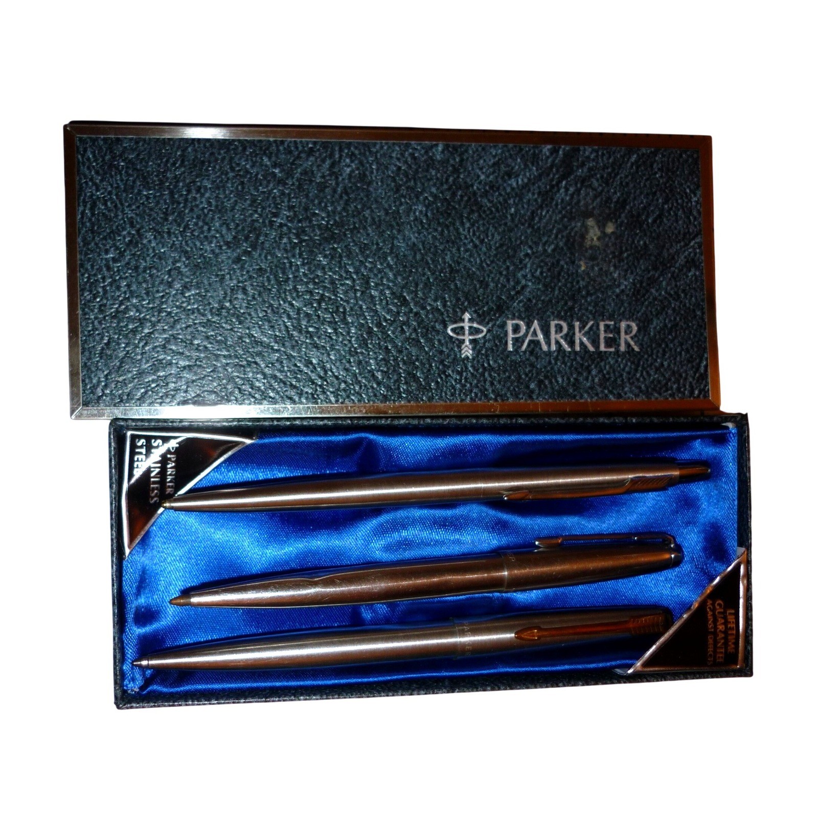 Vintage Parker Stainless Steel 3 Piece Pen Pencil Set Fountain Ballpoint Boxed Vintage Parker Stainless Steel 3 Piece Pen Pencil Set Fountain Ballpoint Boxed