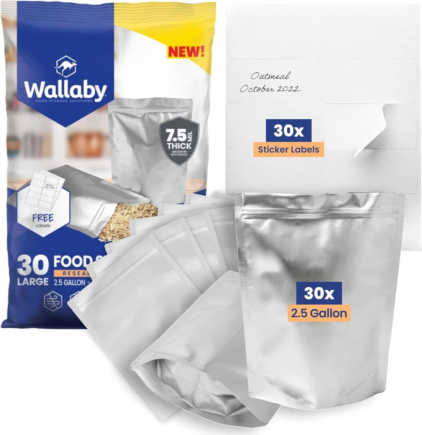 30ct 2.5-Gal Gusset Mylar Bags 15Mil Stand-Up Zipper Food Storage - Silver 30ct 2.5-Gal Gusset Mylar Bags 15Mil Stand-Up Zipper Food Storage - Silver