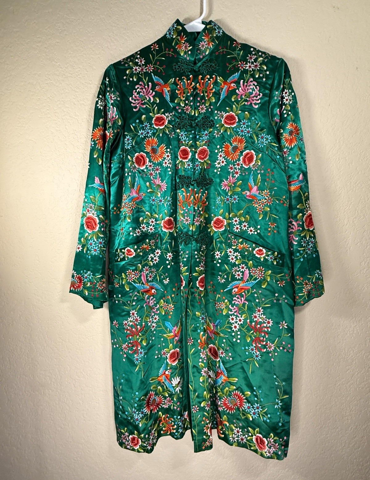 Vintage 1960s Plum Blossom Silk Coat 34 Embroidered Bird Floral China Jade Green