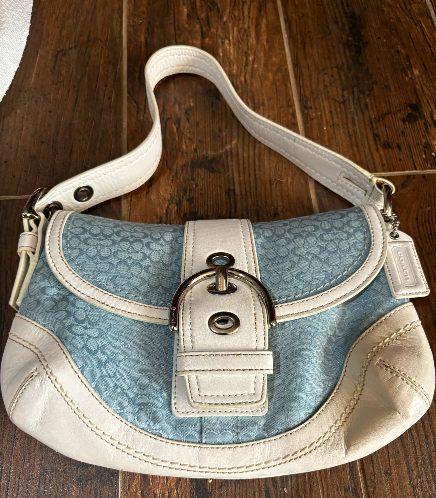 Coach Signature Logo Crescent Shoulder Bag Blue/White Buckle Detachable Strap
