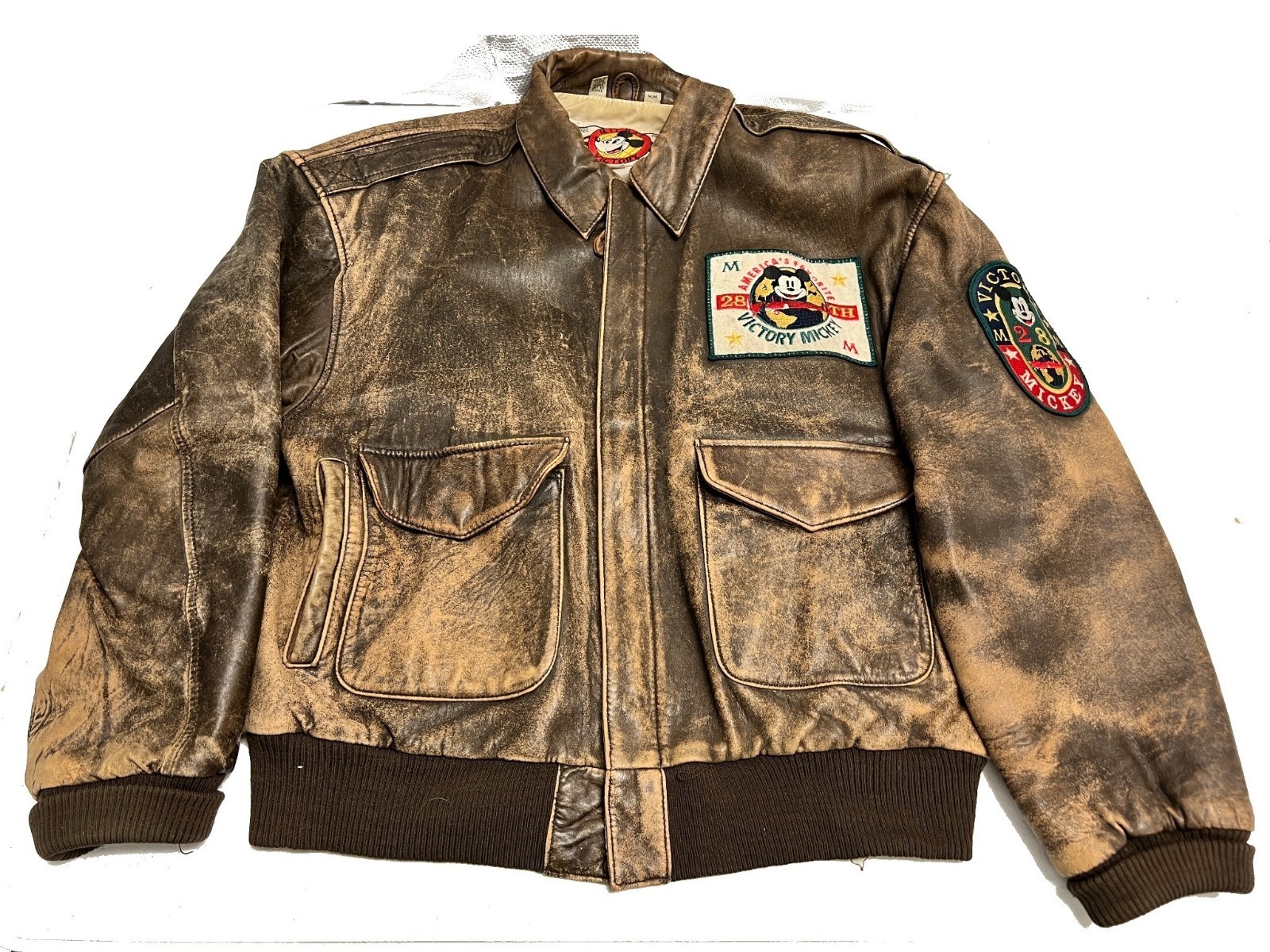 Vintage Disney Mickey Victory Leather Flight Jacket 28th Sz M Donald Goofy