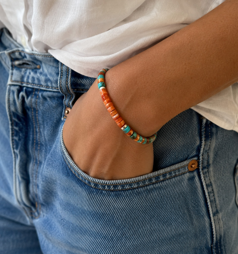 Blue Arizona Turquoise & Orange Spiny Oyster Heishi 4mm Sunset Gemstone Bracelet