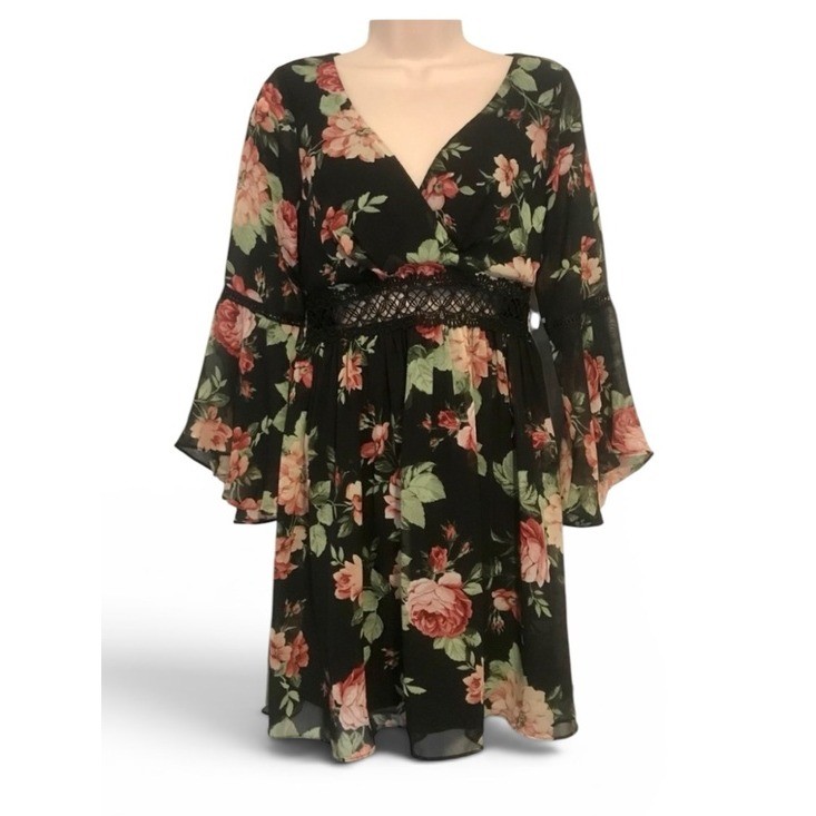 A. Byer Black Pink Floral Chiffon Bell Sleeve Mini Dress Size 5 / Small
