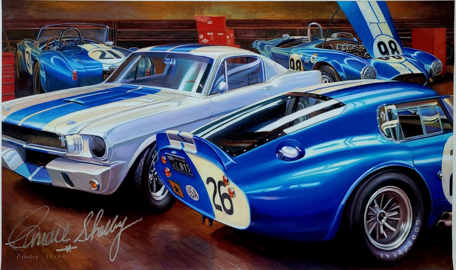 Shelby's Garage Giclée Canvas Autographed by Carroll Shelby Pat Bailey #26/40