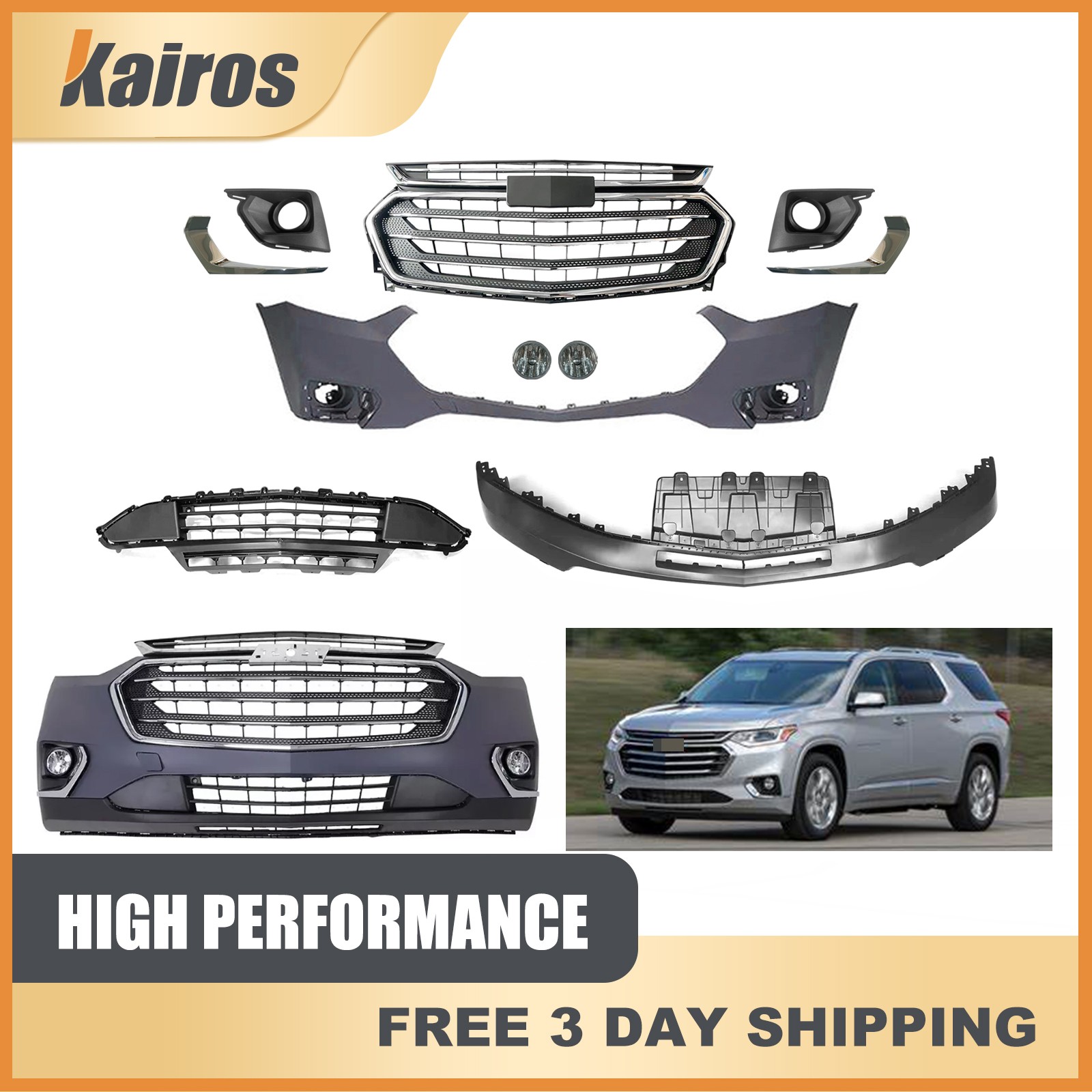 Complete Front Bumper Cover Kit with Fog Lights For 2018-2021 Chevrolet Traverse Complete Front Bumper Cover Kit with Fog Lights For 2018-2021 Chevrolet Traverse