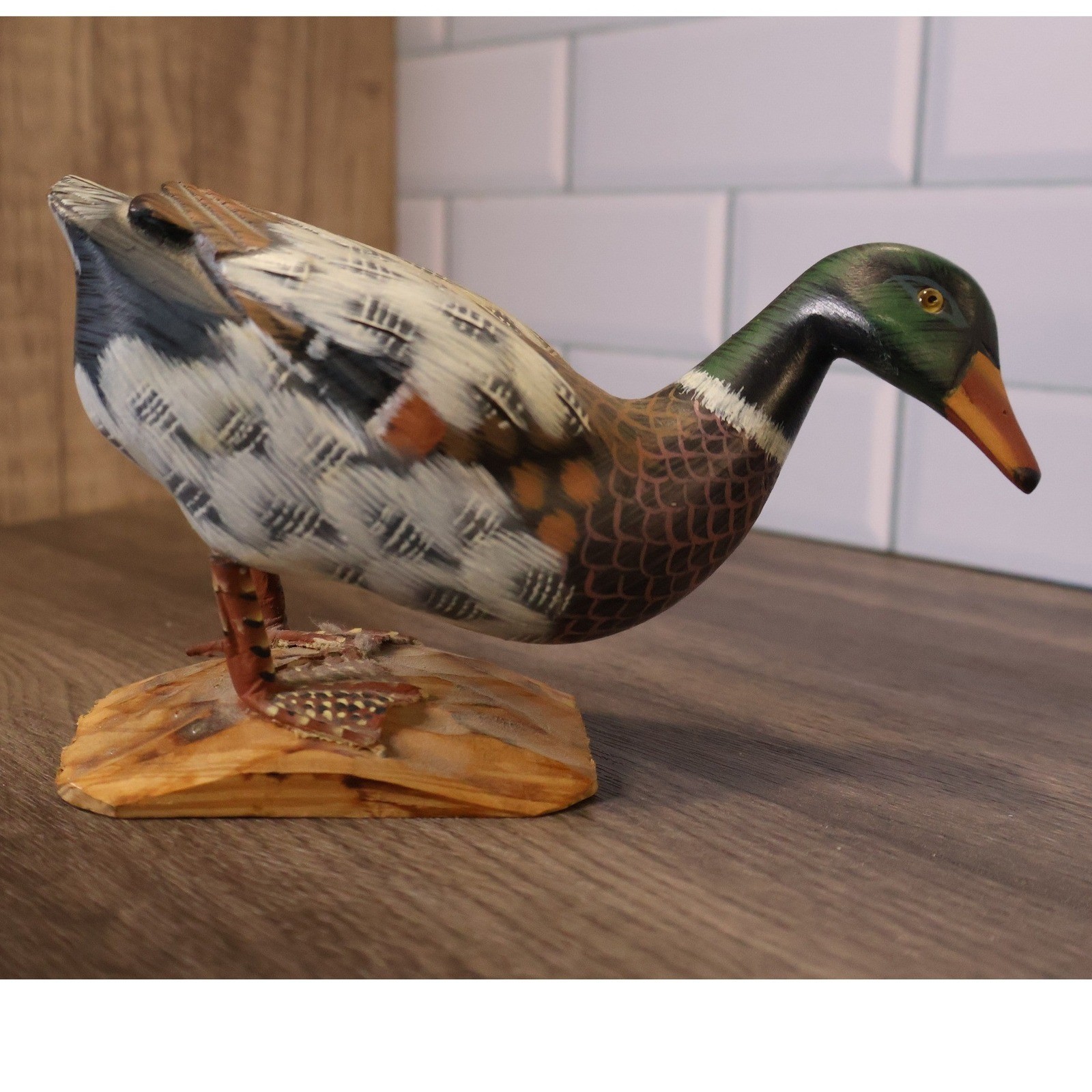 Vintage Hand Carved Painted Standing Mallard Duck Sculpture Wood Base Folk Art