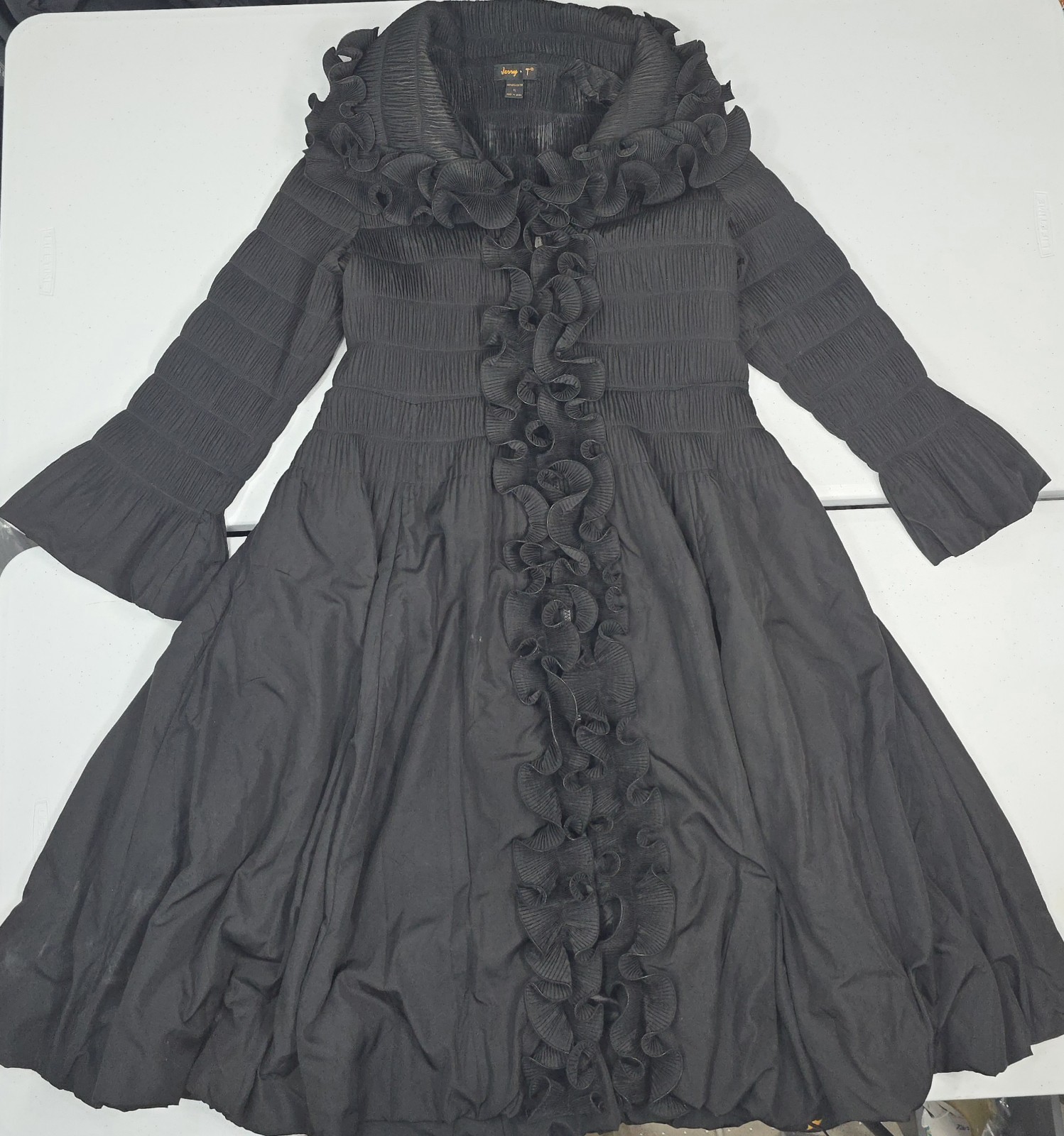 Jenny T Women XL Black Polyester Bubble Hem Coat with Ruffle Collar Goth Punk Jenny T Women XL Black Polyester Bubble Hem Coat with Ruffle Collar Goth Punk