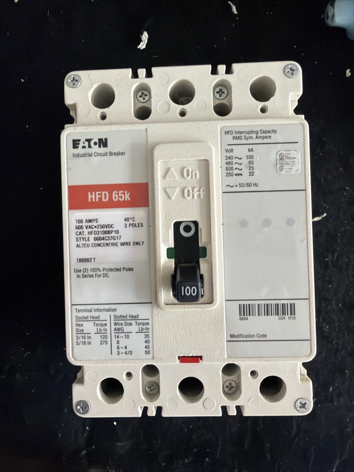 Eaton HFD3100BP10 Circuit Breaker 100 Amp 3 Pole 600 Volt 65K